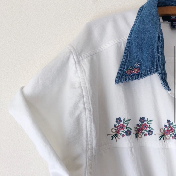 Vintage 90s white denim button up shirt short sleeve XL - Picture 4 of 6